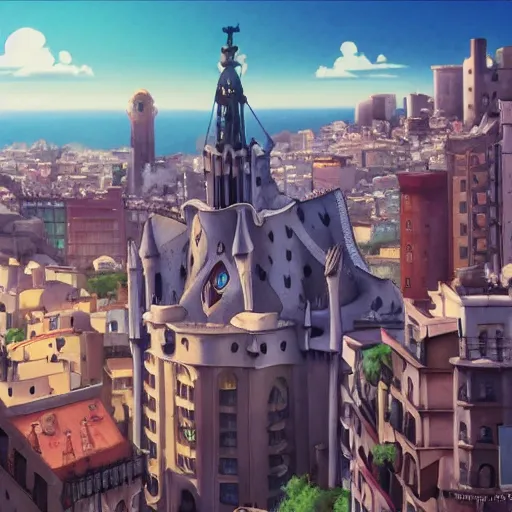 Image similar to a shot of a barcelona as a baroque city in howl's moving castle movie, movie shot, anime, hightly detailed, rescalated 4 k, detailed