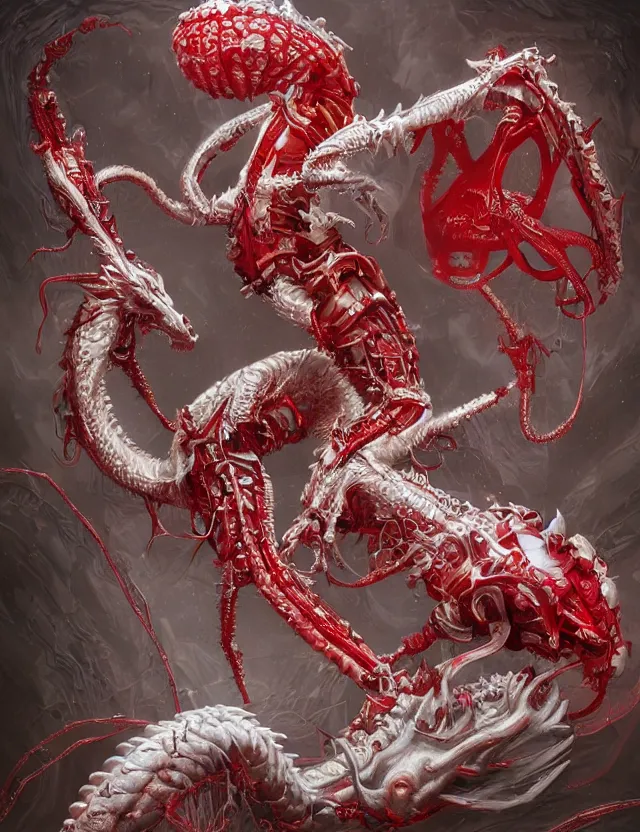 Image similar to legendary white dragon, red biomechanical details, wearing epic bionic cyborg implants, inflateble shapes, wires, tubes, red veins, jellyfish, masterpiece, intricate, biopunk, highly detailed, artstation, concept art, cottage core, cinematic focus, polaroid photo, bleached, vintage, high - key lighting, soft lights, foggy, by tarkovsky, 8 k