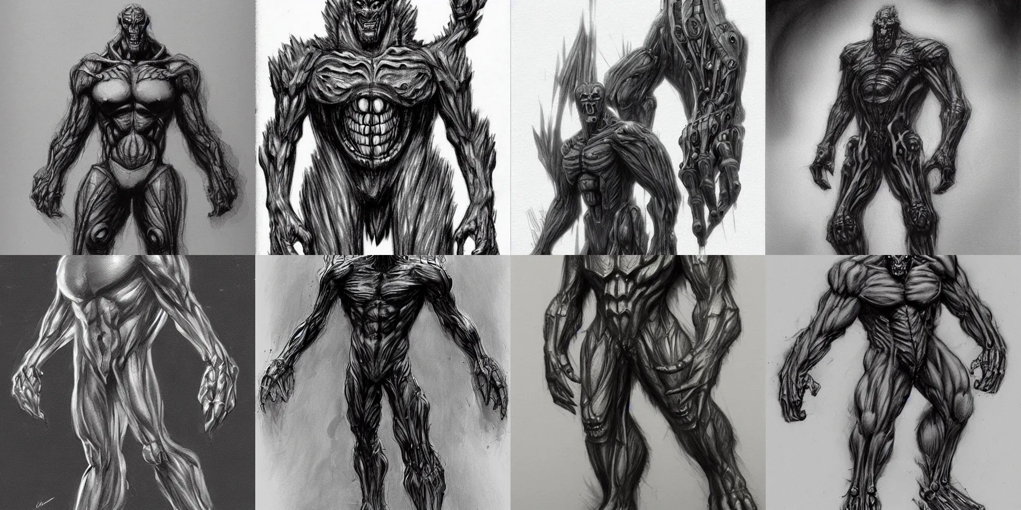 Prompt: giant humanoid monster with bio-mechanical!! suit . art by Carlos Huante. concept art. pencil sketch. movie monster art