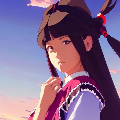 Image similar to a beautiful! plus sized native women instagram model, wearing catholic school girl outfit with mayan pattern and native style, jrpg aztec street fashion, gapmoe yandere grimdark, trending on pixiv fanbox, painted by greg rutkowski makoto shinkai takashi takeuchi studio ghibli, akihiko yoshida