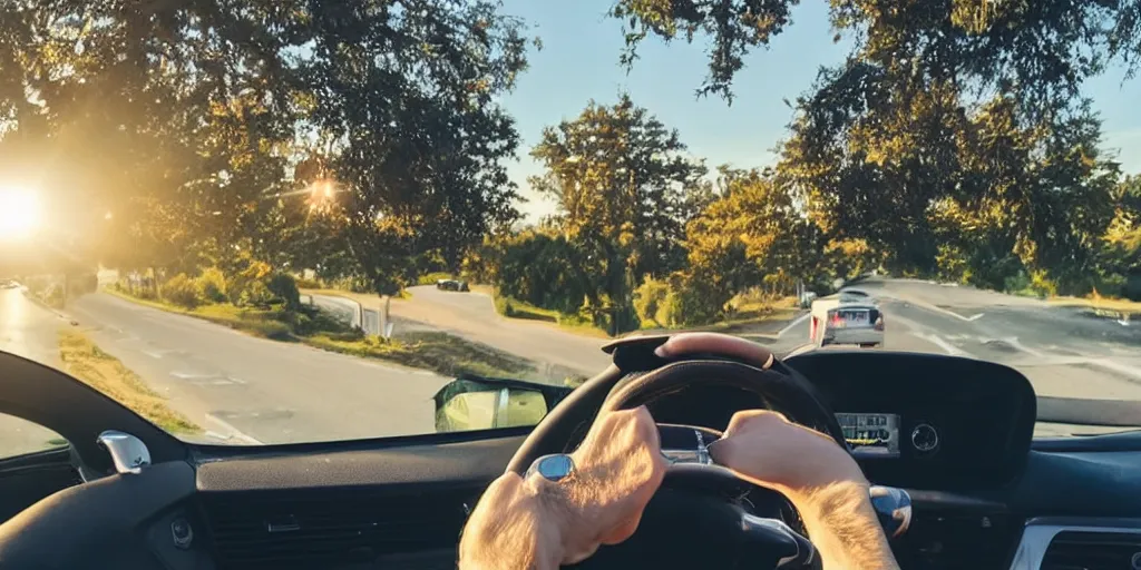 Image similar to birds eye view of convertible, cat homies chilling in car, paws on steering wheel, paw hanging out of window, golden hour, clear sky, unobstructed road