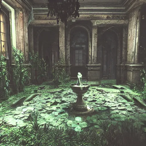 Image similar to abandoned garden inside a dark mansion, fountain, dead flowers, realistic, highly detailed, background of resident evil game