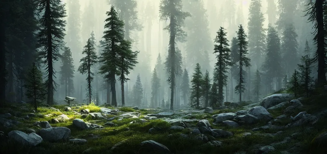 Prompt: beautiful render of a forest world, unreal engine, first light, pine trees, tall firs, rocky slopes, hidden caverns, soft light, by greg rutkowski, cgsociety