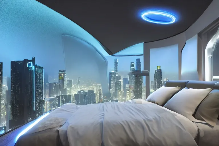 Prompt: a futuristic sparse bedroom with large curved ceiling high windows looking out to a far future cyberpunk cityscape, flying drones outside, night time, cyberpunk neon lights, raining