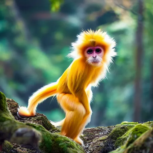 Image similar to golden snubnose monkey going super saiyan 3 like dragon ball z, super long hair, flaming chi aura. 4 k, subtle hdr. golden hour. award winning. flaming chi aura.