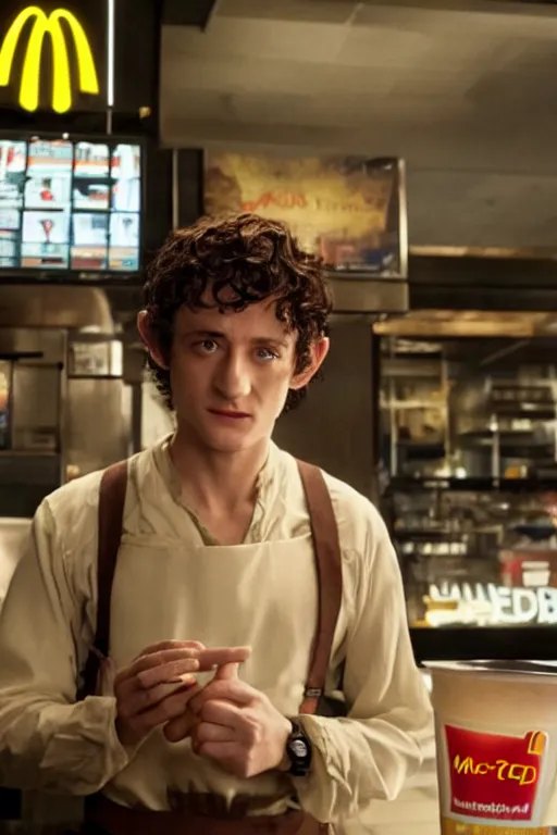 Image similar to film still of frodo working at mcdonalds in the new batman movie, oil on canvas, intricate, 8 k highly professionally detailed, hdr, cgsociety