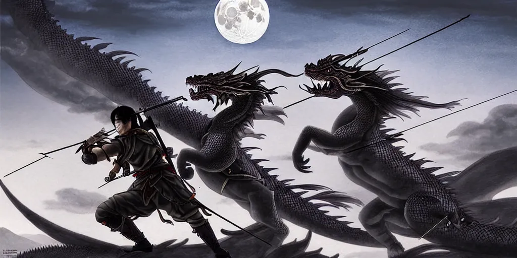 Image similar to korean archer wearing a helmet shooting an asian dragon. the moon is in the sky. there is a river. dark fantasy. high resolution. detailed. digital art. dark fantasy. kentaro miura.