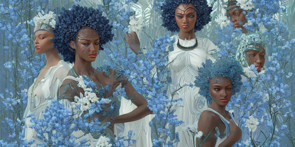 Prompt: breathtaking detailed concept art painting art deco pattern of afroamerican faces goddesses amalmation light - blue flowers with anxious piercing eyes and blend of flowers and birds, by hsiao - ron cheng and john james audubon, bizarre compositions, exquisite detail, extremely moody lighting, 8 k