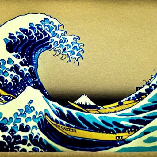 Prompt: the great wave of kanagawa with van gogh sky