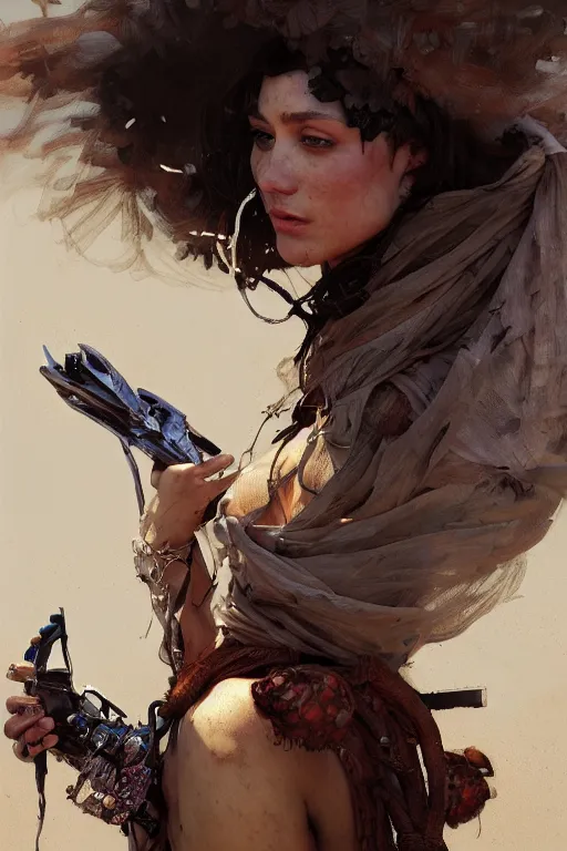 Image similar to a full body portrait of a beautiful post apocalyptic offworld inventors district bedouin blind pulp fiction scarlet wild rogue barbarian leper begging by the roadside, intricate, elegant, highly detailed, digital painting, artstation, concept art, smooth, sharp focus, illustration, art by krenz cushart and artem demura and alphonse mucha