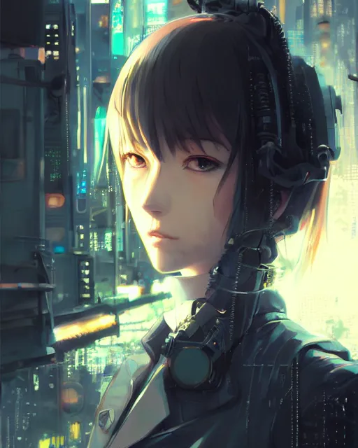 Image similar to kyoto animation, cool lady wearing cyberpunk intricate techwear clothing, beautiful, detailed portrait, cell shaded, 4 k, concept art, by wlop, ilya kuvshinov, artgerm, krenz cushart, greg rutkowski, pixiv. cinematic dramatic atmosphere, sharp focus, volumetric lighting, cinematic lighting, studio quality