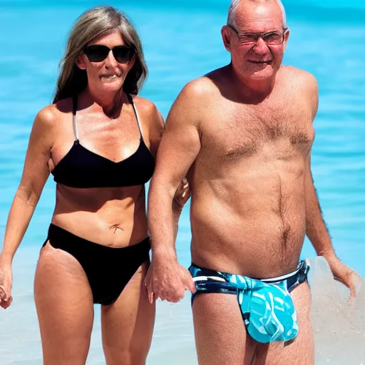 Prompt: photo of a 6 0 year old man that looks young for his age dating a very attractive and 5 5 year old woman wearing a bikini.