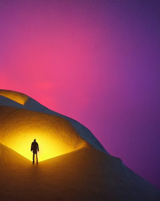 Image similar to a man standing in the middle of a mountain looking at a glowy shape, a render by filip hodas, behance contest winner, environmental art, rendered in cinema 4 d, volumetric lighting