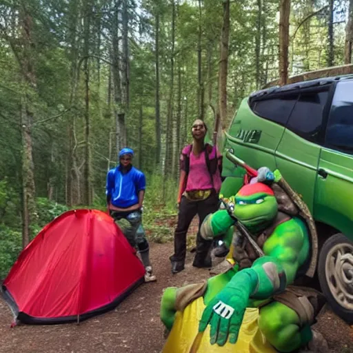 Image similar to teenage mutant ninja turtles camping in a national park