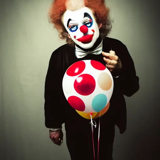 Image similar to a vintage studio portrait of a sad clown with balloons behind him, black background, chiaroscuro lighting, close up portrait, shallow depth of field, 8 0 mm, f 1. 8