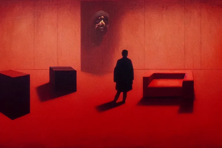 Image similar to only with red, netflix studios with workers, a big mickey mouse head in the middle of the room, in the style of beksinski, parts by edward hopper, parts by rodcenko, parts by yue minjun, intricate and epic composition, red by caravaggio, insanely quality, highly detailed, masterpiece, red light, artstation, 4 k