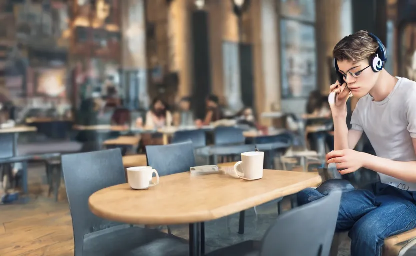 Image similar to a male teenager with headphones in a cafe sitting in front of a table with a coffee, digital painting, masterpiece, digital art, concept art, octane render, unreal engine 5, trending on deviantart, highly detailed, high quality, 4 k, cartoon, high coherence, realistic, anatomically correct, five fingers, relaxing, realistic and detailed face, beautiful, elegant