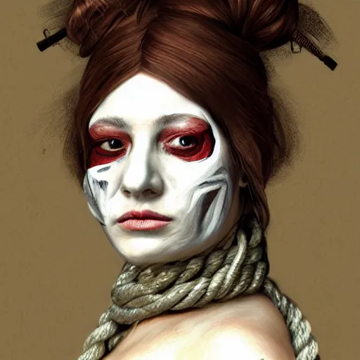 Image similar to portrait of a Shibari rope wrapped face and neck, headshot, insanely nice professional hair style, dramatic hair color, face paint half and half, digital painting, of a old 15th century, old cyborg merchant, amber jewels, baroque, ornate clothing, scifi, realistic, hyperdetailed, chiaroscuro, concept art, art by Franz Hals and Jon Foster and Ayami Kojima and Amano and Karol Bak,