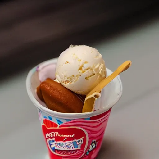 Image similar to promotional photo of an ice cream with hot dog taste,