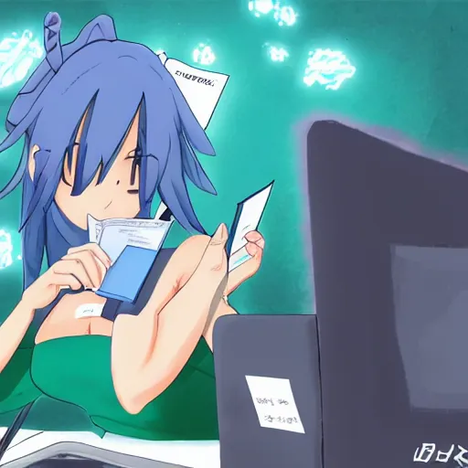 Prompt: Goddess Aqua struggling to do her taxes, trending on pixiv