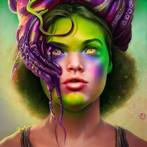 Image similar to art portrait of a furious girl with purple tentacles on her head, and bright green eyes, 8k,by tristan eaton, Stanley Artgermm,Tom Bagshaw,Greg Rutkowski,Carne Griffiths,trending on DeviantArt, face enhance,hyper detailed ,full of colour,