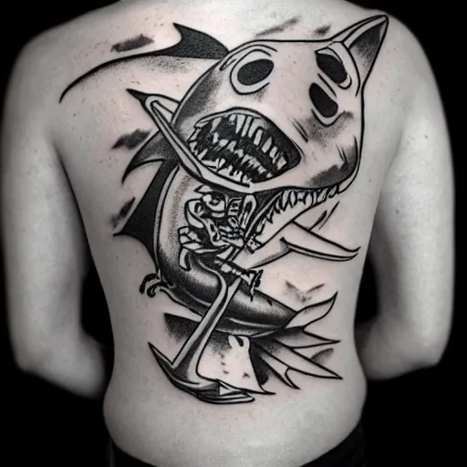 Image similar to flash tattoo of skeleton riding rocket in the shape of shark, black and white by sailor jerry, curt montgomery, bangbangnyc, ryan ashley, killkenny