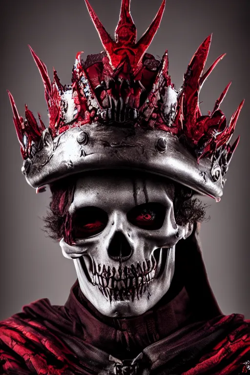 Image similar to the grim - hatter wears the scarlet skull armor and blood crown, cinematic lighting, various refining methods, micro macro autofocus, ultra definition, award winning photo