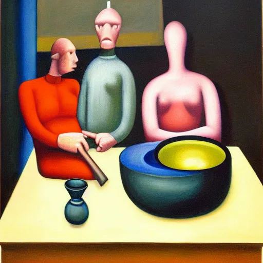 Image similar to people with empty bowl heads, blank stares, dystopian, pj crook, edward hopper, oil on canvas