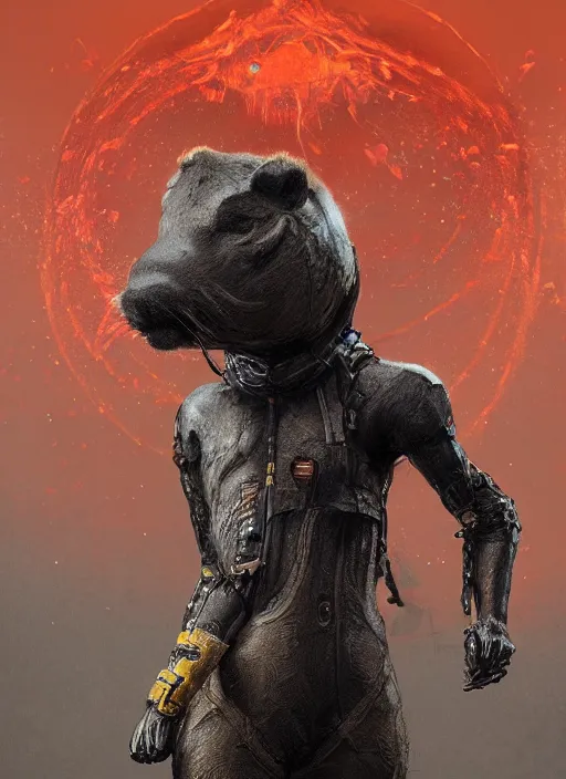 Prompt: detailed full body concept art illustration oil painting of an anthropomorphic capybara death stranding in full intricate clothing, biomutant, dystopian, ultra detailed, digital art, octane render