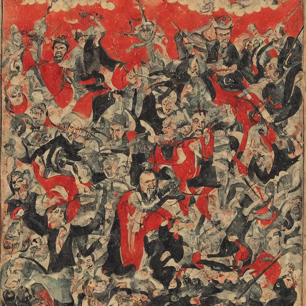 Image similar to Recep Tayyip Erdoğan and Devil having a launch in hell, Ottoman miniature style