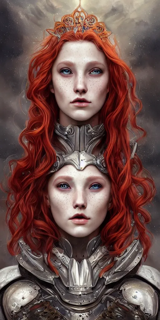 Image similar to beautiful young princess. she is a fire wizard with fire red hair and freckles. she is wearing armor inspired by giger with an exposed midriff. standing on a mountain top with epic clouds and volumetric lighting. intricate illustration and highly detailed digital painting. concept art by artgerm with border inspired by alphonse mucha. inspired by brom art and larry elmore.