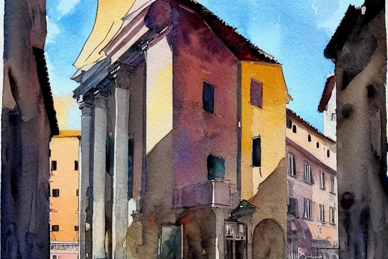 Prompt: !! watercolor!! rome in a sunny day, artwork by tooth wu, colorful contrast,!! very coherent!!, dark shadow, thick lineart