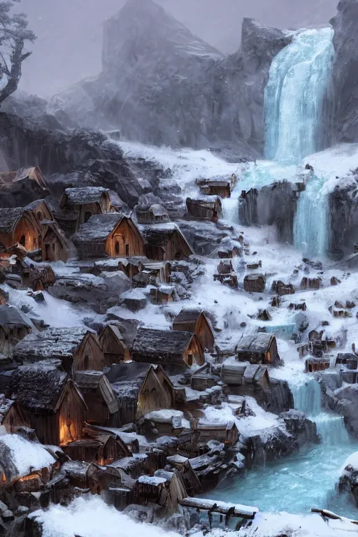 Prompt: mountain village with wooden viking houses on top of a waterfall in the snow, blizzard, a small stream runs beneath the waterfall, iceicles, landscape, raphael lacoste, eddie mendoza, alex ross, concept art, matte painting, highly detailed, rule of thirds, dynamic lighting, cinematic, detailed, denoised, centerd