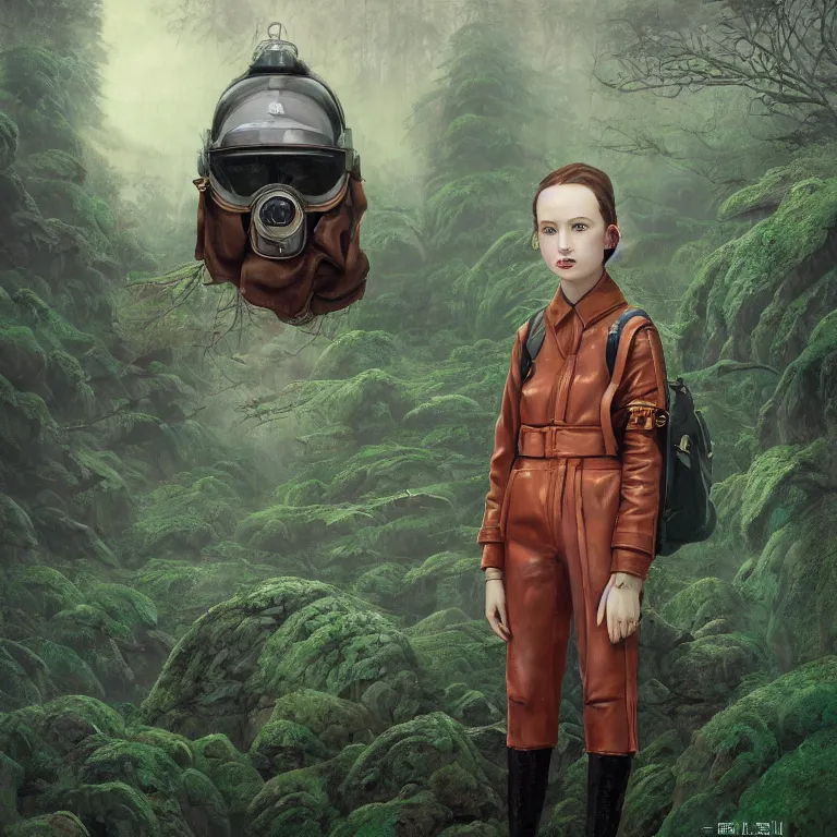 Prompt: highly detailed portrait of alone androgynous girl wearing bakelite leather jacket, bakelite rocky mountains, moss green japanese haunted forest background, by hsiao - ron cheng and artgerm, modular synthesizer helmet backpack, the grand budapest hotel, glow, no crop, digital art, artstation, pop art