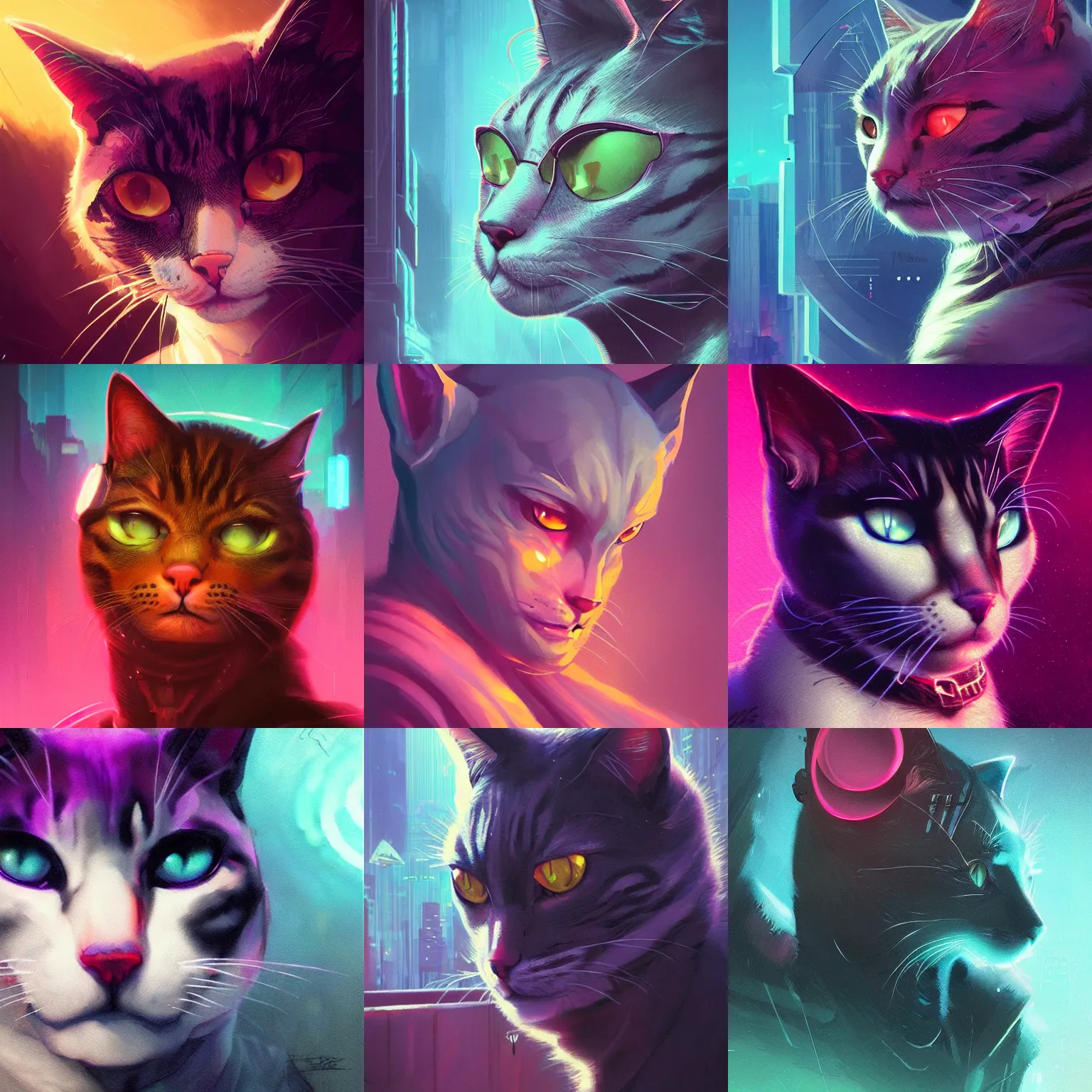 Prompt: detailed portrait of a cat, synthwave, retrowave, cyberpunk, illustration by jordan grimmer and greg rutkowski, trending on artstation