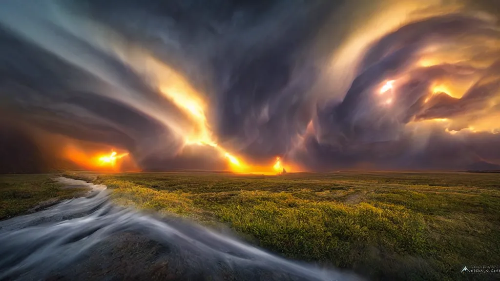 Image similar to amazing landscape photo of tornado, sunset by marc adamus, beautiful dramatic lighting