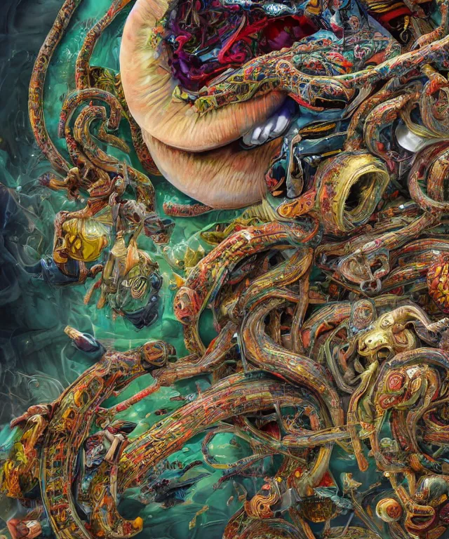 Image similar to hyperdetailed maximalist artwork by billelis inspired by oozium. Artstation. 8k 4k 64megapixels seen from below. Ant's eye perspective. Focus Giant floating alabaster skull drapped over with 1000 twirling emerald snakes. Unreal engine 5. Surreal render. Slightly blurry speedpainted minimal Swiss landscape below in the style of loish and holosomnia. Unrealistic harmonic colors. Sundown.