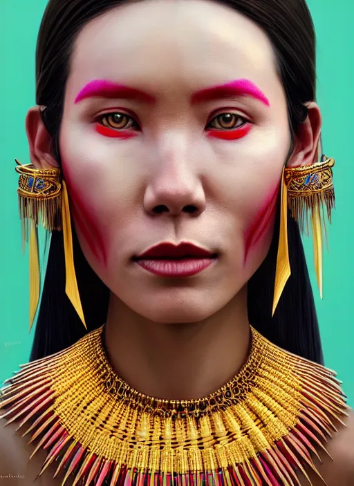 Image similar to portrait of catriona balfe as a kayan tribe woman with gold neck rings, hyper detailed ultra sharp trending on artstation, colorful, psychedelic, ornate, intricate, digital painting, concept art, smooth, sharp focus, illustration, art by artgerm and greg rutkowski and h. r. giger, 8 k