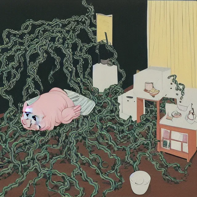 Image similar to a female emo pathology student in her apartment, wrapped in vines, medical equipment, candles, octopus, japanese tea ceremony, pig, black walls, ikebana, black armchair, sculpture, acrylic on canvas, surrealist, by magritte and monet