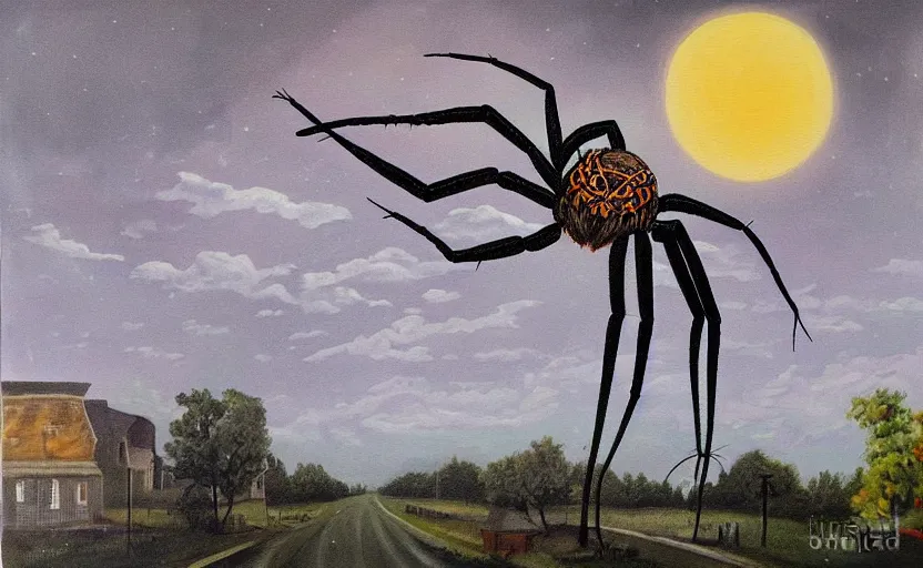 Prompt: surreal painting of a giant spider in the village at a cloudy night