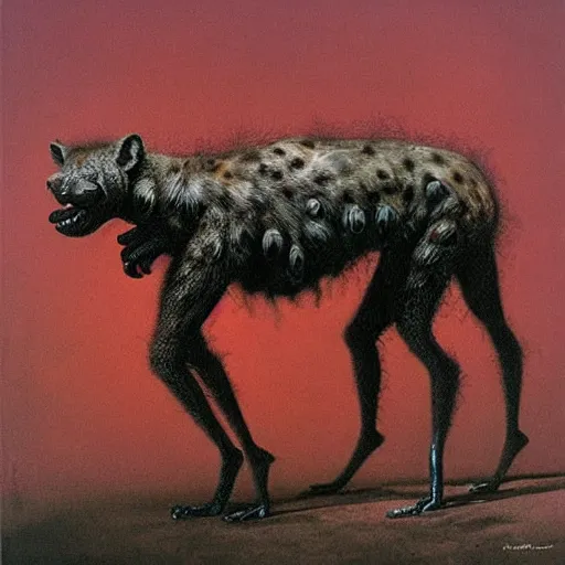 Prompt: spider morphed with hyena, many legs and eyes, large web, highly detailed beksinski art,