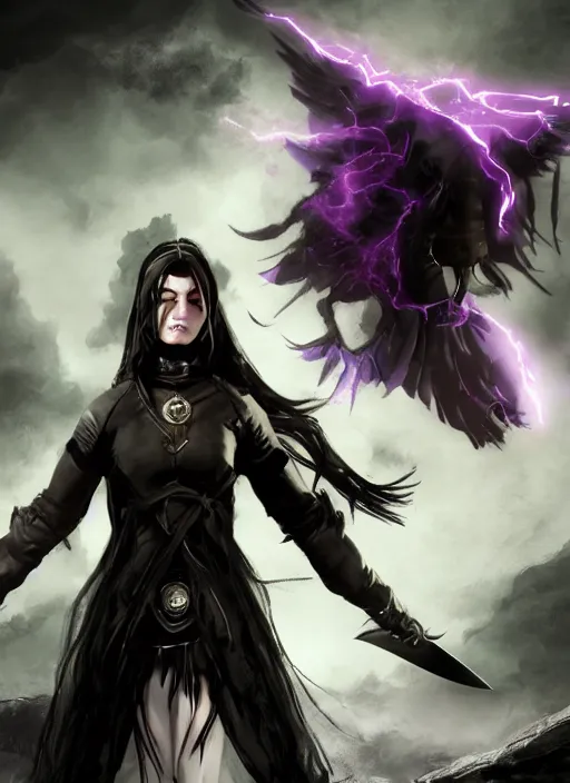 Image similar to An epic fantasy comic book style portrait painting of a young boy with straight shoulder black hair lilac eyes. Wearing black combat clothes. She is holding knives in both hands. Menacing look. Dark purple energy portal around, born from shadows. Unreal 5, DAZ, hyperrealistic, octane render, cosplay, RPG portrait, dynamic lighting