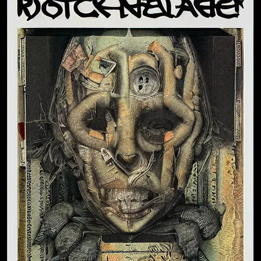 Prompt: post - punk album cover, asymmetrical design, off white frame around, dollar bank note, new age, apocalypse, psychedelic, black white pink, magic, giger h. r., giuseppe arcimboldo