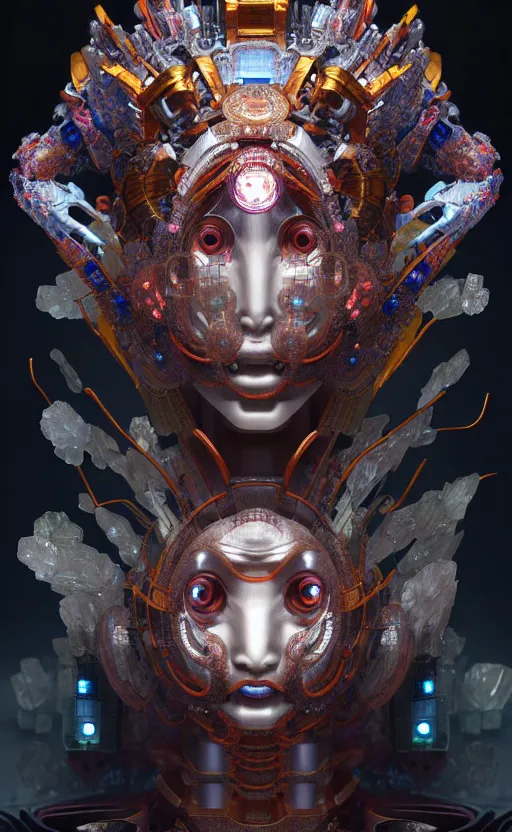 Image similar to asura from chinese myth, ghost, gorgeous and huge head ornaments, dystopian, cyberpunk, organic fractal mycelum and fungi, mecha, halfturn portrait of a big crystal face made of crystals half - turn, ominous, intricate, studio, art by anthony macbain + greg rutkowski + alphonse mucha, concept art, 4 k, sharp focus