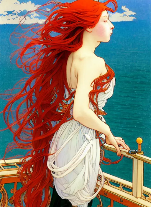 Prompt: a pretty young woman with long red hair blowing in the wind is leaning on the rail of a sailing ship, looking out to sea, path traced, highly detailed, high quality, digital painting, by studio ghibli and alphonse mucha, ron cobb, leesha hannigan, hidari, art nouveau, chiho aoshima, jules bastien - lepage