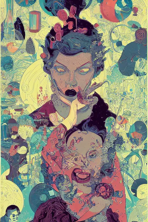 Prompt: portrait of mad lady scientist, stylized illustration by victo ngai, james jean, colorful comics style,