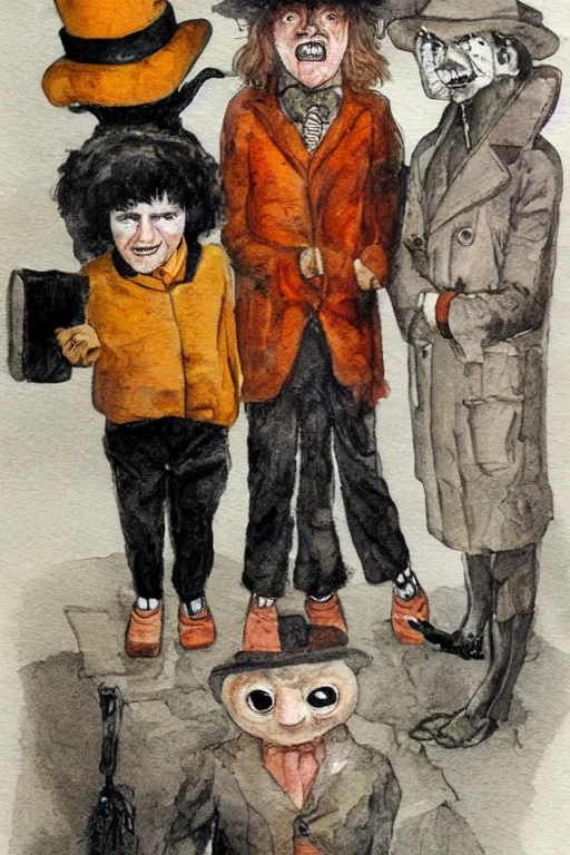 Image similar to a clockwork orange characters as mongooses, children's book, melancholy, watercolor, illustrated