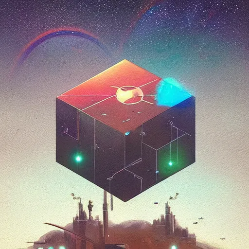 Prompt: greg rutkowski, beeple, a painting by ralph mcquarrie of floating molecules and icosahedron with stars, clouds, and rainbows in the background, trending on artstation, masterpiece, incredible details