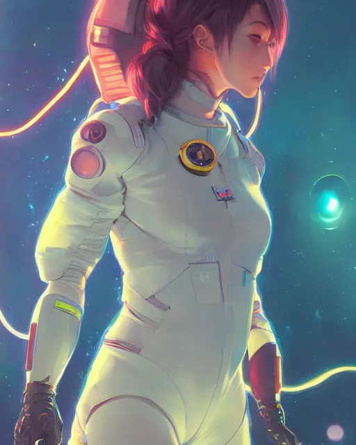 Image similar to anime visual of a female astronaut, neon, cyberpunk, futuristic suit, stunning, highly detailed, digital painting, artstation, smooth, soft focus, illustration, art by artgerm and greg rutkowski and alphonse mucha