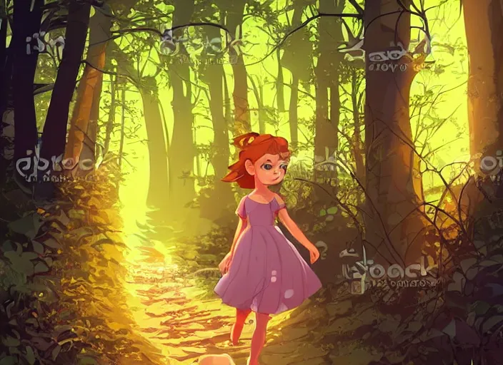 Image similar to little girl with short wavy curly light brown hair chasing fireflies in the woods. clean cel shaded vector art. shutterstock. behance hd by lois van baarle, artgerm, helen huang, by makoto shinkai and ilya kuvshinov, rossdraws, illustration, art by ilya kuvshinov